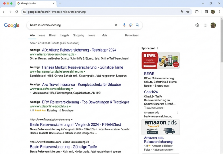 Die klassische Internetsuche, durchzocken von bezahlten Links, von Amazon und Co.