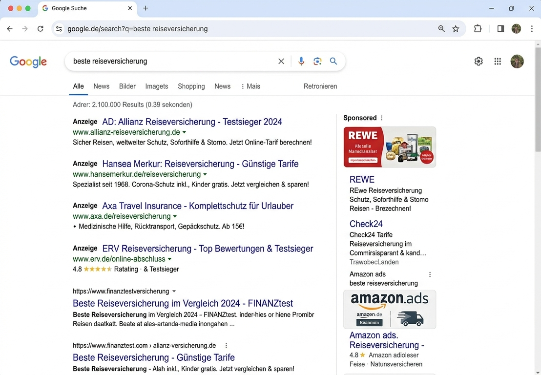 Die klassische Internetsuche, durchzocken von bezahlten Links, von Amazon und Co.