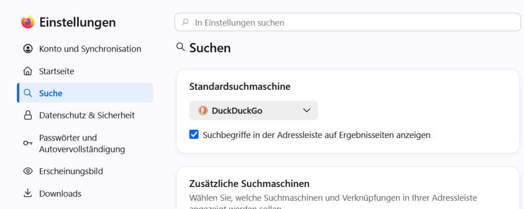 Einstellungen in Firefox um die Standardsuchmaschine zu ändern