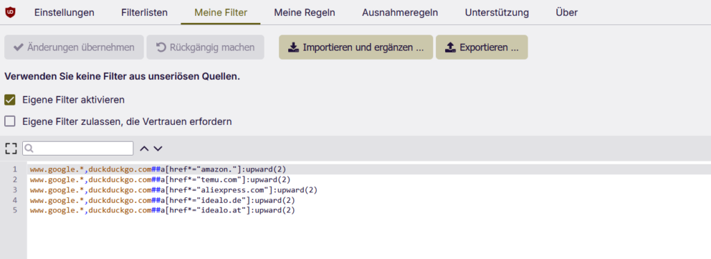 Filtereinstellungen in uBlock Origin, zum aussortieren von Seiten