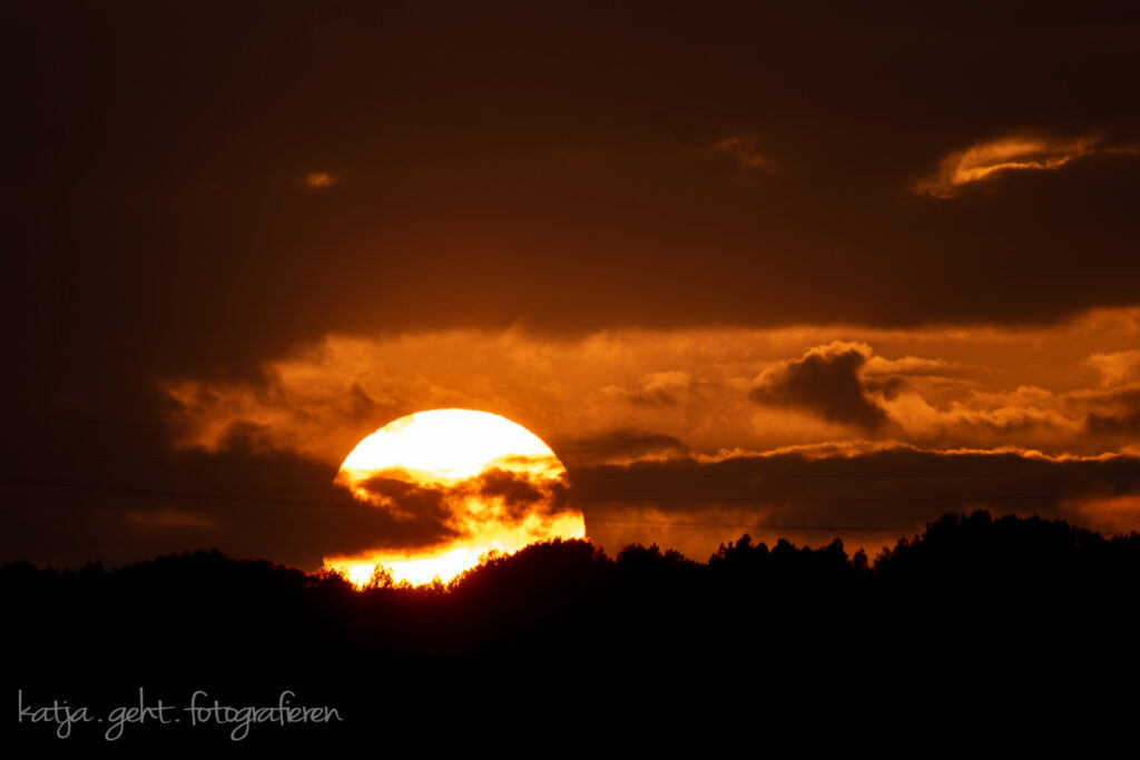 Sonnenuntergang, die Wolken die man sieht, die Baumkronen des entfernten Waldes machen das Bild zu dem was es ist.