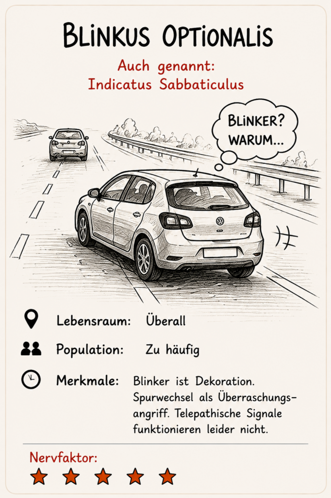 Meine Verkehrs-Spezies - Blinkus Optionalis, blinken wird überbewertet, außerdem kostet es Blinkerflüssigkeit und die ist teuer.