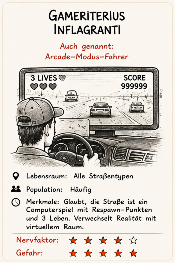 Meine Verkehrs-Spezies - Gameriterius Inflagranti, glaubt das Autofahren ein Spiel ist und er mehrere Leben hat, fährt Lebensmüde und nötigt andere Verkehrsteilnehmer.