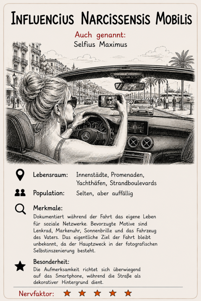 Meine Verkehrs-Spezies - Influencius Narcissensis Mobilis, er sie es, muss im Papis Capriolet ein Selfie machen, um in Social Media zu zeigen was er sie es hat.