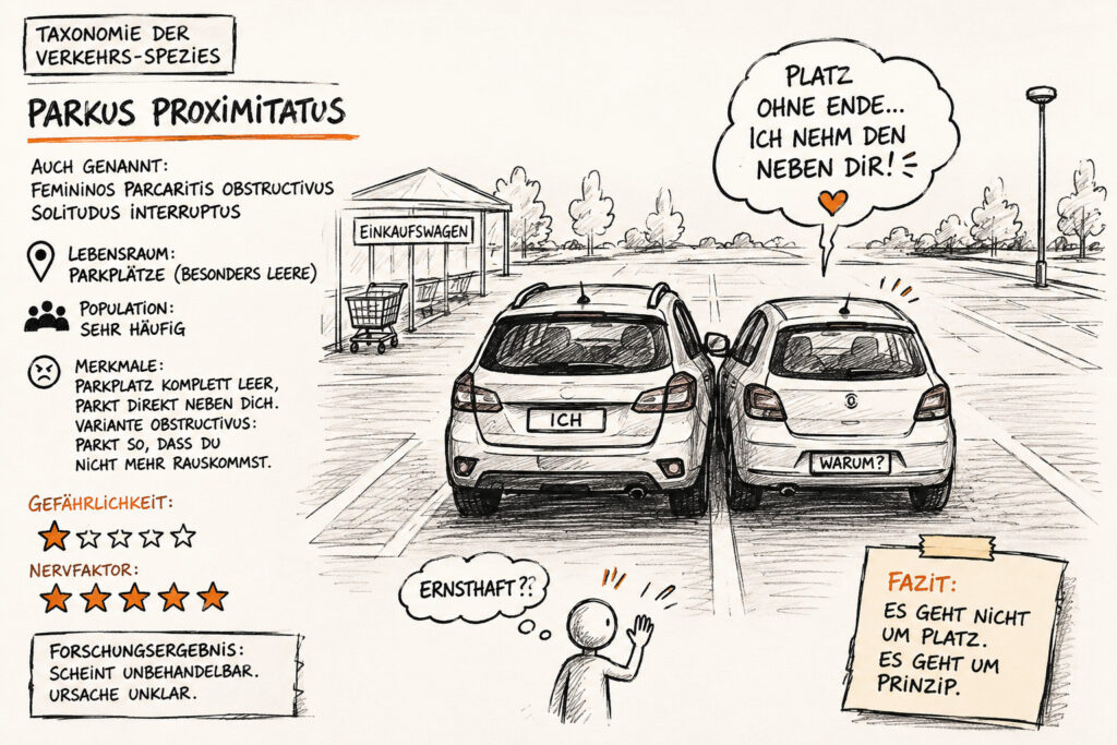 Verkehrs-Spezies - Parkus Proximiatus, parkt direkt neben mir obwohl der ganze Parkplatz frei ist, und ich mir die Ecke rausgesucht habe, WEIL dort niemand parkte...