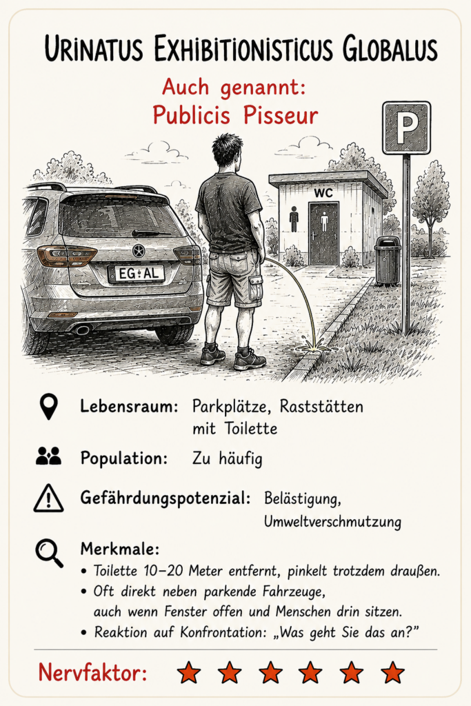 Meine Verkehrs-Spezies - Urinatus Exhibitionisticus Globalus, fährt über einen ganzen Rasthof, an 3 Toiletten vorbei um an der letzten Toilette 5m weiter in den Busch zu pinkeln.